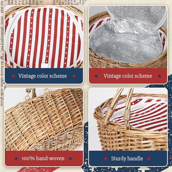 Wicker Picnic Basket 15"x11"x7" Insulated Liner Red White Stars | Insulated Zip Liner Helps Keep Drinks and Snacks Cool, Sturdy Woven Basket Suits Parks, Camping, Holidays and Gift Giving