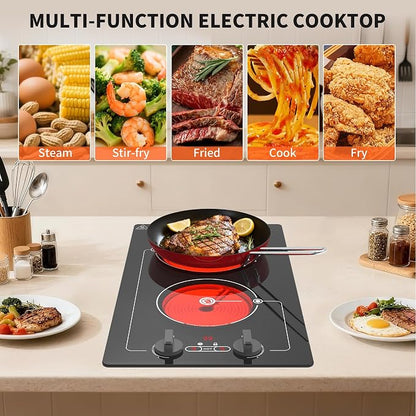 VBGK Electric cooktop, Built-in Design and CountertopStove Top with Knob Control&Touch Control,9 PowerLevel, Timer & Kid Safety Lock,110-120V 2100W 2burner Electric cooktop