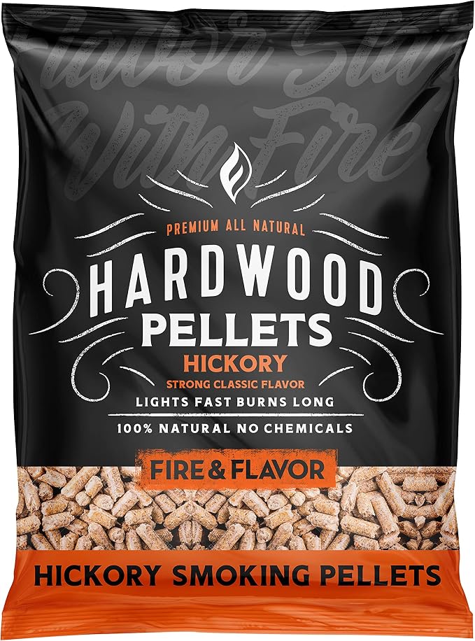 Fire & Flavor Premium All Natural Hardwood Pellets for Smokers and Pellet Grills - 100% Natural Hickory Wood Pellets for Smoking, BBQ, Roasting, and Baking - 20 Lb. Bag