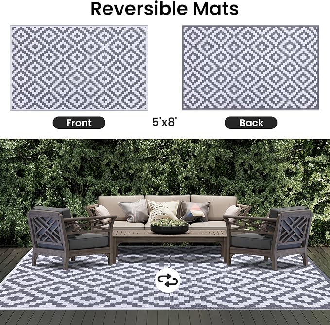 Smiry Outdoor Rug 5x8 ft Waterproof Reversible Boho Mat, White & Grey | Polypropylene Plastic Straw, Quick Drying, Lightweight Foldable, for Patio, Deck, RV Camping, Backyard and Indoor Outdoor Use