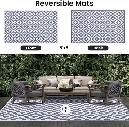 Smiry Outdoor Rug 5x8 ft Waterproof Reversible Boho Mat, White & Grey | Polypropylene Plastic Straw, Quick Drying, Lightweight Foldable, for Patio, Deck, RV Camping, Backyard and Indoor Outdoor Use