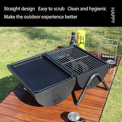 Portable charcoal grill with thermometer and double-sided grill net, suitable for camping and backyard smoking barbecue