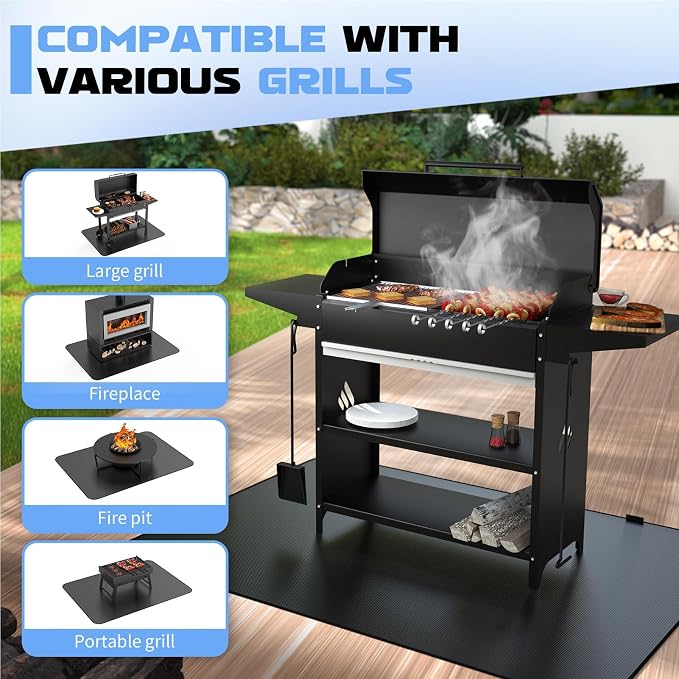 65 x 48 Grill Mat for Outdoor Grill, 32 mil Fire Resistant BBQ Pad | 32 mil fiberglass under grill mat with silicone fire coating; helps protect decks and patios from grease, sparks & BBQ mess.