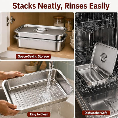 Grill Prep & Serve Tray Set with Lids 5-Piece Grill Carry System | Food Prep System for Marinating, Carrying & Serving, Stainless Steel BBQ Trays for Raw & Cooked Food Separation
