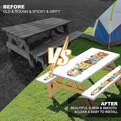 Kids Picnic Table Cover with Bench Covers & Storage Bag 3PCS, 30x60 Inch Cartoon Camping Themed Waterproof Fitted Outdoor Patio Tablecloth with Elastic Edges, Camping Essentials for Garden Campsite
