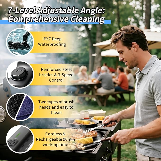 Electric Grill Brush for Outdoor Grill, 3-Speed Modes, Cordless Rechargeable BBQ Cleaner with 180° Adjustable Head, Reinforced Steel Bristles, Grill Cleaning Brush for Barbecue Grates