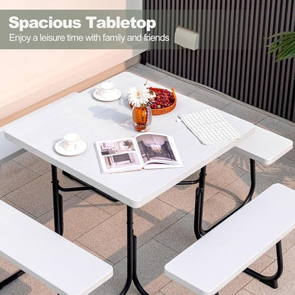 Tangkula 8 Person Picnic Table, Outdoor Square Picnic Table with 4 Built-in Benches, Umbrella Hole, Metal Frame & HDPE Tabletop, Outside Table and Bench Set for Backyard, 2300lbs Weight Capacity