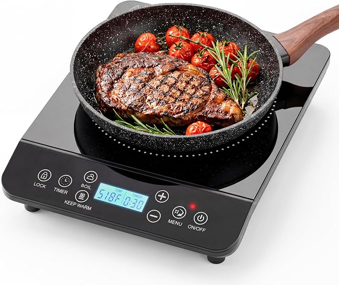 Portable Induction Cooktop 1800W Electric Countertop Stove for Kitchen, RV | Induction Burner with 9 Temperature Settings (140℉-518℉), 9 Power Levels, 10-Hour Timer Adjustment, LED Display, Safety Lock