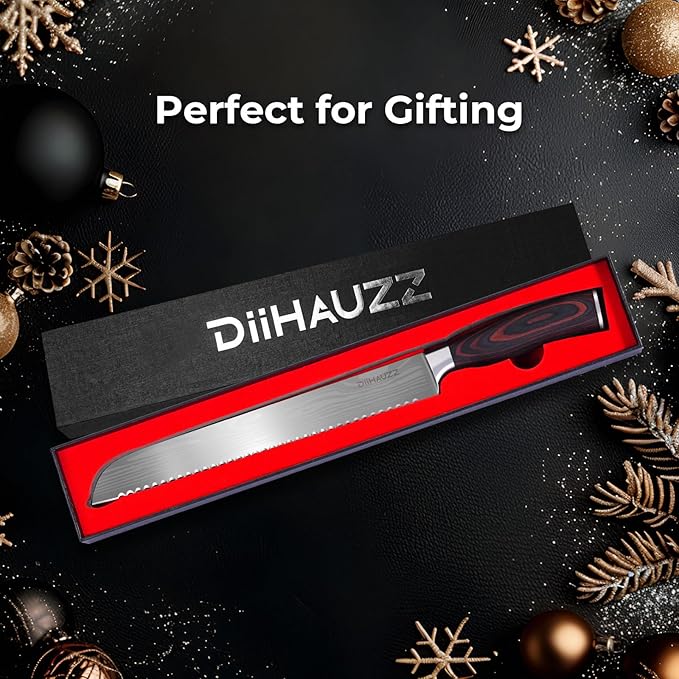 DiiHAUZZ Bread Knife for Homemade Bread, 10 Inch Serrated High Carbon Stainless Steel - Ultra Sharp Artisan Loaf Cutter for Slicing Sourdough, Crusts, Baguettes, Bagels and Cakes, Fathers Day Gift