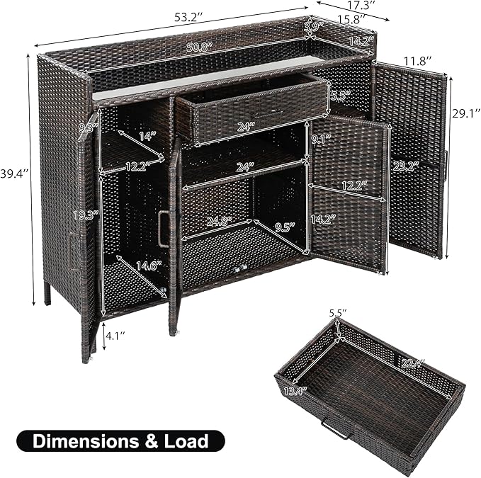 53.2"W Outdoor Weather-proof Rattan Storage Cabinet with Tempered Glass Desktop,Outdoor Wicker Bar Table with One Large Drawer & Adjustable Shelves for Patio, Backyard,Garden,Pool (Black+Brown#81)