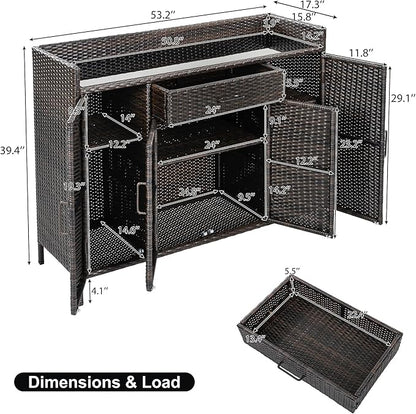 53.2"W Outdoor Weather-proof Rattan Storage Cabinet with Tempered Glass Desktop,Outdoor Wicker Bar Table with One Large Drawer & Adjustable Shelves for Patio, Backyard,Garden,Pool (Black+Brown#81)