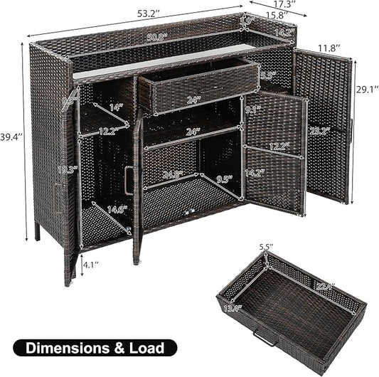 53.2"W Outdoor Weather-proof Rattan Storage Cabinet with Tempered Glass Desktop,Outdoor Wicker Bar Table with One Large Drawer & Adjustable Shelves for Patio, Backyard,Garden,Pool (Black+Brown#81)