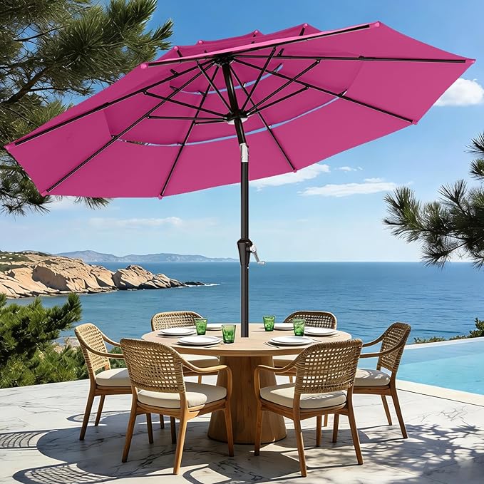 AreShark 9ft 3-Tier Patio Umbrellas, Outdoor Umbrella with 8 Sturdy Ribs UV Protection Windproof, Market Table Umbrella w/Push Button Tilt & Crank for Pool, Porch, Deck, Garden(Rose Pink)
