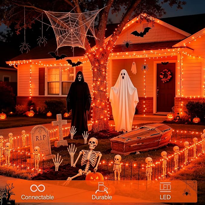 JMEXSUSS 250 LED Orange String Lights, 91.5ft Halloween Lights Plug in | Connectable Fall Light, 8 Modes, Waterproof, Indoor/Outdoor, for Yard Patio Porch Rail Halloween Fall Christmas Holiday Decor