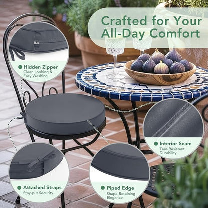 Summsun Outdoor Bistro Chair Cushions Set of 4, 15" D x 3" H Round Chair Cushions Waterproof and Fade Resistant Chair Cushion Pads with Non-Slip Ties and Removable Covers for Garden, Dark Grey
