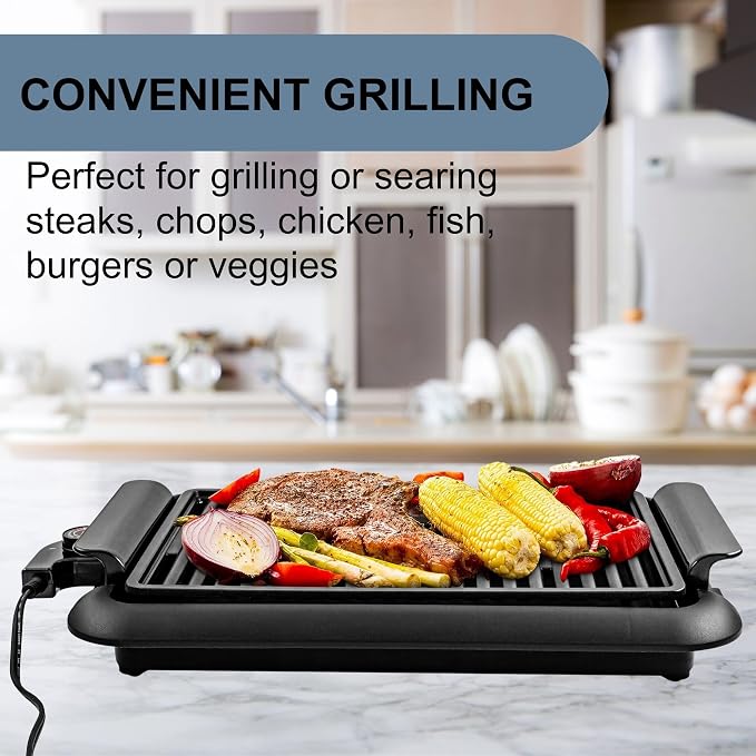 OVENTE Electric Indoor Grill, 15x10 Inch Non-Stick Plate, Black GD1510NLB | 1200W Fast Heat Up Power, Adjustable Temperature, Removable and Dishwasher Safe Grilling and Drip Tray