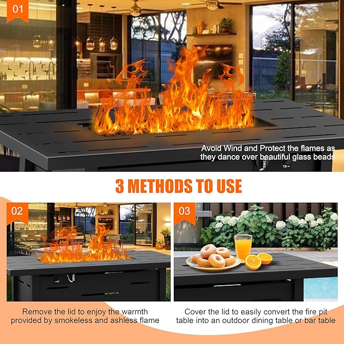 Shintenchi 42" Outdoor Propane Fire Pit 50,000 BTU Gas Fire Pit Table with Lid, Waterproof Cover, Rectangle Gas Firepit Table for Garden/Patio, CSA Certification, Black
