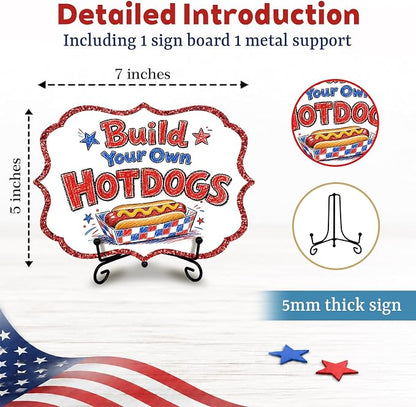 Wooden Patriotic Table Sign for Hot Dog Station, Fourth of July BBQ Buffet Decor with Metal Stand, 5 x 7 Inch Independence Day Food Display for Food Truck, Restaurant, Summer Party - A03