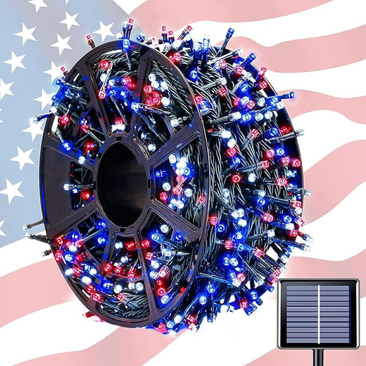 JMEXSUSS 600 LED 4th of July Decorations Solar Lights, 206.7ft Red White and Blue Lights Outdoor Waterproof, 8 Modes Patriotic Solar String Light for Independence Day Tree Camper Party Patio Decor