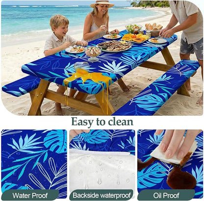 Picnic Table Cover Bench Covers Camping Essentials Tablecloth | Waterproof Vinyl for Outdoor, Windproof Elastic Fitted Edges, RV BBQ Accessories Must Haves, Storage Bag Included