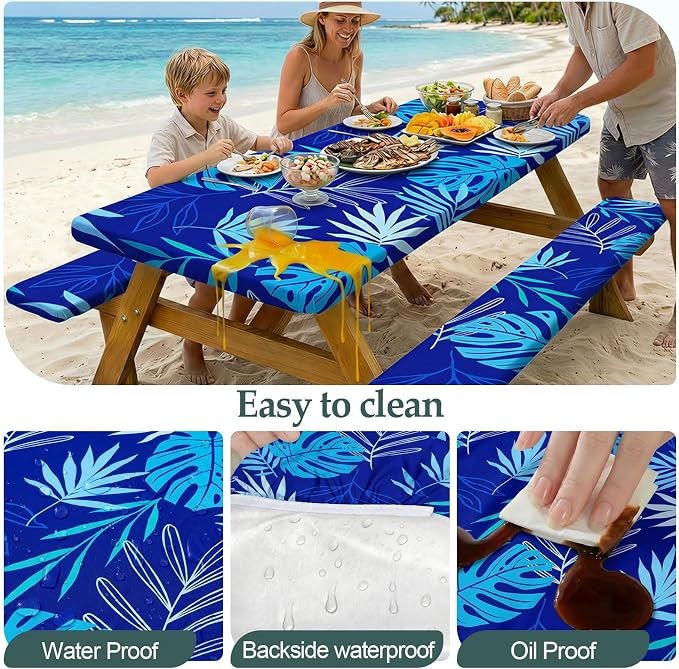 Picnic Table Cover Bench Covers Camping Essentials Tablecloth | Waterproof Vinyl for Outdoor, Windproof Elastic Fitted Edges, RV BBQ Accessories Must Haves, Storage Bag Included