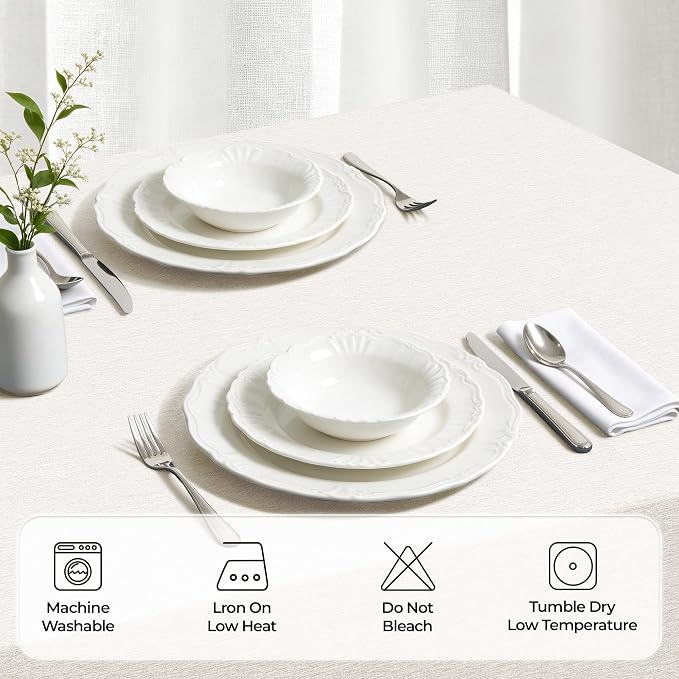 Decorelia Faux Linen Farmhouse Table Cloth 60"x144" for 10 ft Rectangle Table, Ivory Waterproof Outdoor Washable Cloth Tablecloth for Rectangular Dining Room Kitchen Outdoor Party Restaurant Table