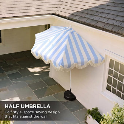 JONATHAN Y Beverly 9 ft. Striped Half Umbrella, Light Blue/White | Coastal Scalloped Fringe, Crank Lift, 30 Degree Manual Tilt, UV 50 Polyester Canopy, Aluminum Frame, Space Saving Design