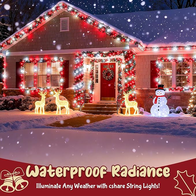 cshare Red and White Christmas Lights Outdoor Battery Operated, Chrristmas String Lights with Timer Waterproof Clear Wire for Indoor & Outdoor Christmas Decorations Garland Party Garden