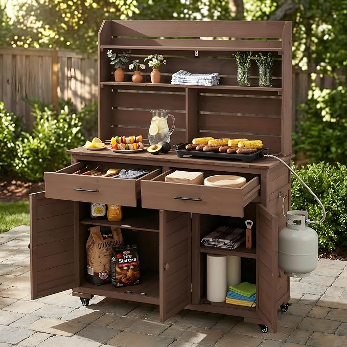 Outdoor Grill Cart with Storage Cabinet, Wood Outdoor Kitchen Island Prep Cart Grill Station for Food Prep and BBQ, Brown