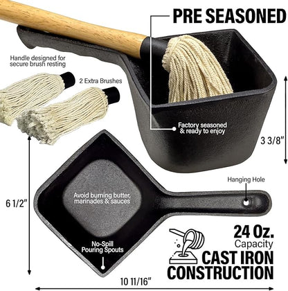 Cast Iron Sauce Pot with BBQ Mop Brush – Small Cast Iron Basting Pot & Mop Brush for Grilling, Smoking, and Saucing – BBQ Mop Brushes for Sauce, 24 Oz
