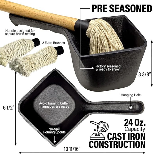 Cast Iron Sauce Pot with BBQ Mop Brush – Small Cast Iron Basting Pot & Mop Brush for Grilling, Smoking, and Saucing – BBQ Mop Brushes for Sauce, 24 Oz