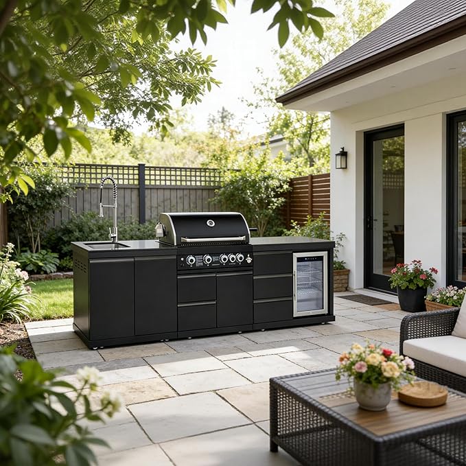 103" All-in-One Outdoor Kitchen Island,4 Burner Modular Kitchen with Grill Station Cabinetry,304 Stainless Black Granite, Sink, Fridge, BBQ Set for Patios & Backyards (Black, 103 IN)