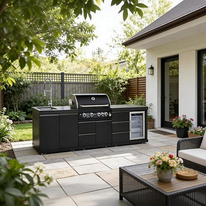 103" All-in-One Outdoor Kitchen Island,4 Burner Modular Kitchen with Grill Station Cabinetry,304 Stainless Black Granite, Sink, Fridge, BBQ Set for Patios & Backyards (Black, 103 IN)
