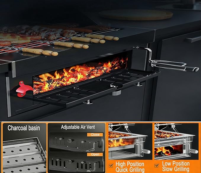 Built-In Charcoal BBQ Grill, Stainless Steel Charcoal Grills with Liftable Tray, Visible Insulated Hood &Temperature Gauge, Baking Tray &Roasting Fork,for Patio Backyard Parties Barbecue