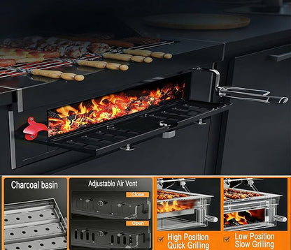 Built-In Charcoal BBQ Grill, Stainless Steel Charcoal Grills with Liftable Tray, Visible Insulated Hood &Temperature Gauge, Baking Tray &Roasting Fork,for Patio Backyard Parties Barbecue
