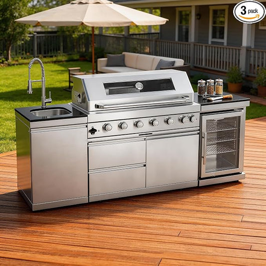 82-Inch 6-Burner Propane Gas Outdoor Grill Island, 85000 BTU Stainless Steel BBQ with Refrigerator, Granite Countertops, For Backyard BBQ, Silver