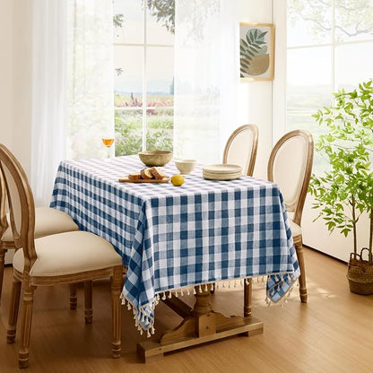 Softalker Checkered Tablecloth Rectangle, Outdoor Linen Cotton Gingham Table Cloth with Tassel, Heavy Duty Wrinkle Free Buffalo Plaid Table Cover for Kitchen Dining Summer Party - 55 x 102 Inch, Navy