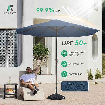 JEAREY 9FT Outdoor Patio Umbrella Outdoor Table Umbrella with Push Button Tilt and Crank, Market Umbrella 8 Sturdy Ribs UV Protection Waterproof for Pool, Deck, Backyard, Garden (Blue)