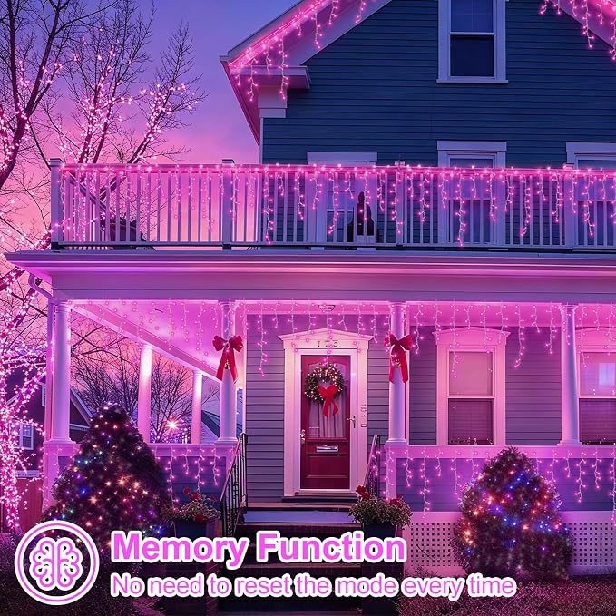 YEGUO 33ft 400 LED Pink Icicle Lights, 80 Drops Icicle Lights for Outside Connectable, 8 Modes String Christmas Light with Memory Timer