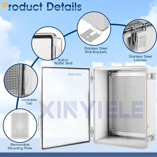Waterproof Outdoor Project ABS Plastic Junction Box IP67 Weatherproof Dustproof Enclosure with Hinged Cover, Mounting Plate,Wall Brackets for Power Project (Clear.15.7"x11.8"x7.1")