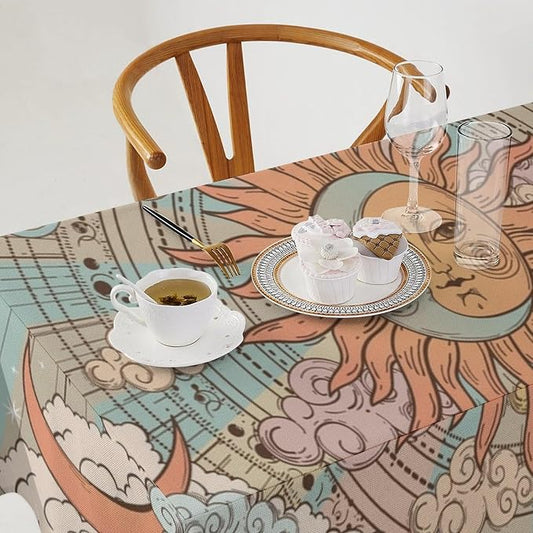 Retro Sun Moon Tablecloth Vintage Mystical Astrology Tarot Zodiac Galaxy Space Table Cloth Water Resistant Wipeable Table Cover for Farmhouse Picnic Party Holiday Kitchen Dinner Table 60"x90"