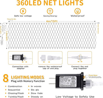 HEYFUNi Net Mesh Waterproof String Lights,360LED 13ft x 5ft Christmas Net Lights, 8 Modes,Connectable for Indoor Outdoor, Curtain,Garden,Christmas Tree, Bush, Party, Holiday, Wall Decor (Warm White)