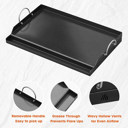 onlyfire 25" x 16" Ceramic Coated Non-Stick Flat Top Griddle Insert | Removable Handles, Wavy Ventilation, Grease Groove, For Gas and Charcoal Grills, Tailgating, Camping and Parties