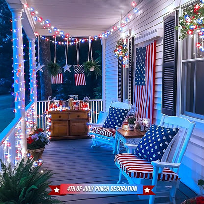 JMEXSUSS 400 LED Red White and Blue String Lights Outdoor, Plug in | 132FT 4th of July Lights Indoor, 8 Modes Patriotic String Light for Memorial Day Independence Day Decoration, with Remote