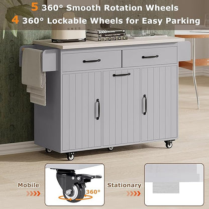 51.06" Mobile Kitchen Drop Leaf and Multipurpose Tilt-out Trash Can,Storage Cabinet w/Spice, Towel Rack & Drawer & Adjustable Shelf,Rolling Islands on Wheels,Grey, 50.25"