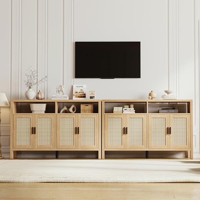 Rattan Buffet Cabinet with Storage, Sideboard with Doors, Console Table, Farmhouse Coffee Bar, Modern Wood Storage Cabinets(Natural 2.0)
