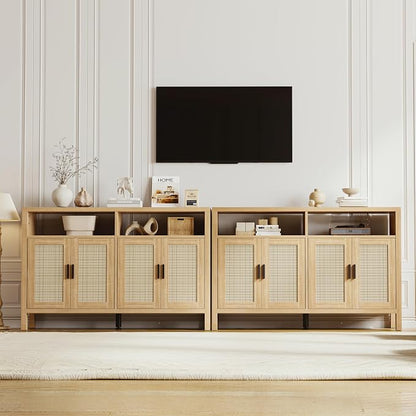Rattan Buffet Cabinet with Storage, Sideboard with Doors, Console Table, Farmhouse Coffee Bar, Modern Wood Storage Cabinets(Natural 2.0)