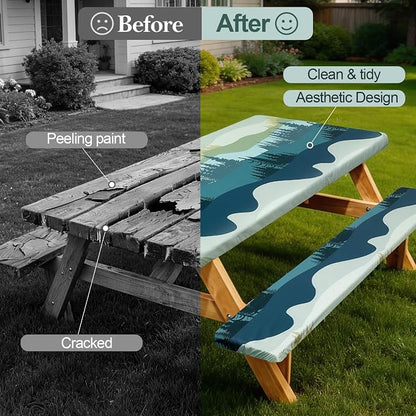Picnic Table Cover Bench Covers Camping Essentials Tablecloth | Waterproof Vinyl for Outdoor, Windproof Elastic Fitted Edges, RV BBQ Accessories Must Haves, Storage Bag Included