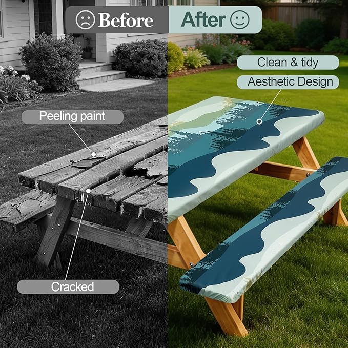 Picnic Table Cover Bench Covers Camping Essentials Tablecloth | Waterproof Vinyl for Outdoor, Windproof Elastic Fitted Edges, RV BBQ Accessories Must Haves, Storage Bag Included