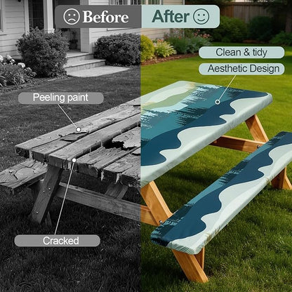 Picnic Table Cover Bench Covers Camping Essentials Tablecloth | Waterproof Vinyl for Outdoor, Windproof Elastic Fitted Edges, RV BBQ Accessories Must Haves, Storage Bag Included